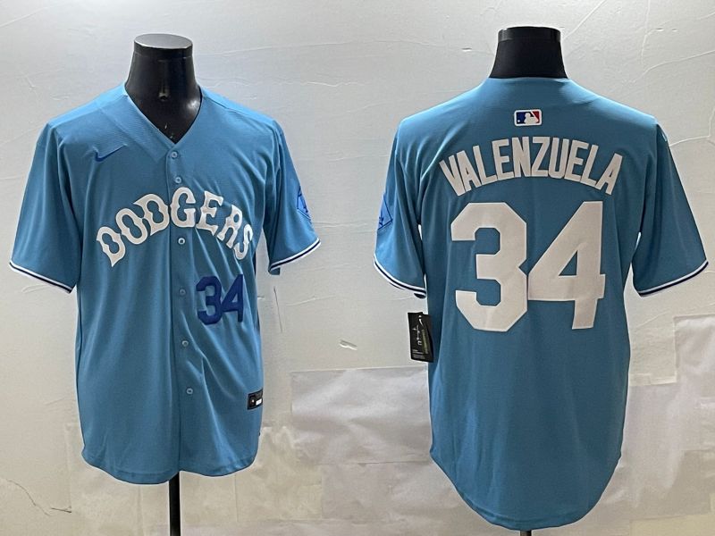 Men Los Angeles Dodgers 34 Valenzuela Light Blue Joint Name 2025 Nike MLB Jersey style 3168